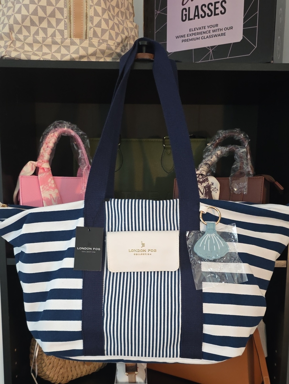 London Fog Navy & White Striped Tote with Charm (Mystery Gift Inside)